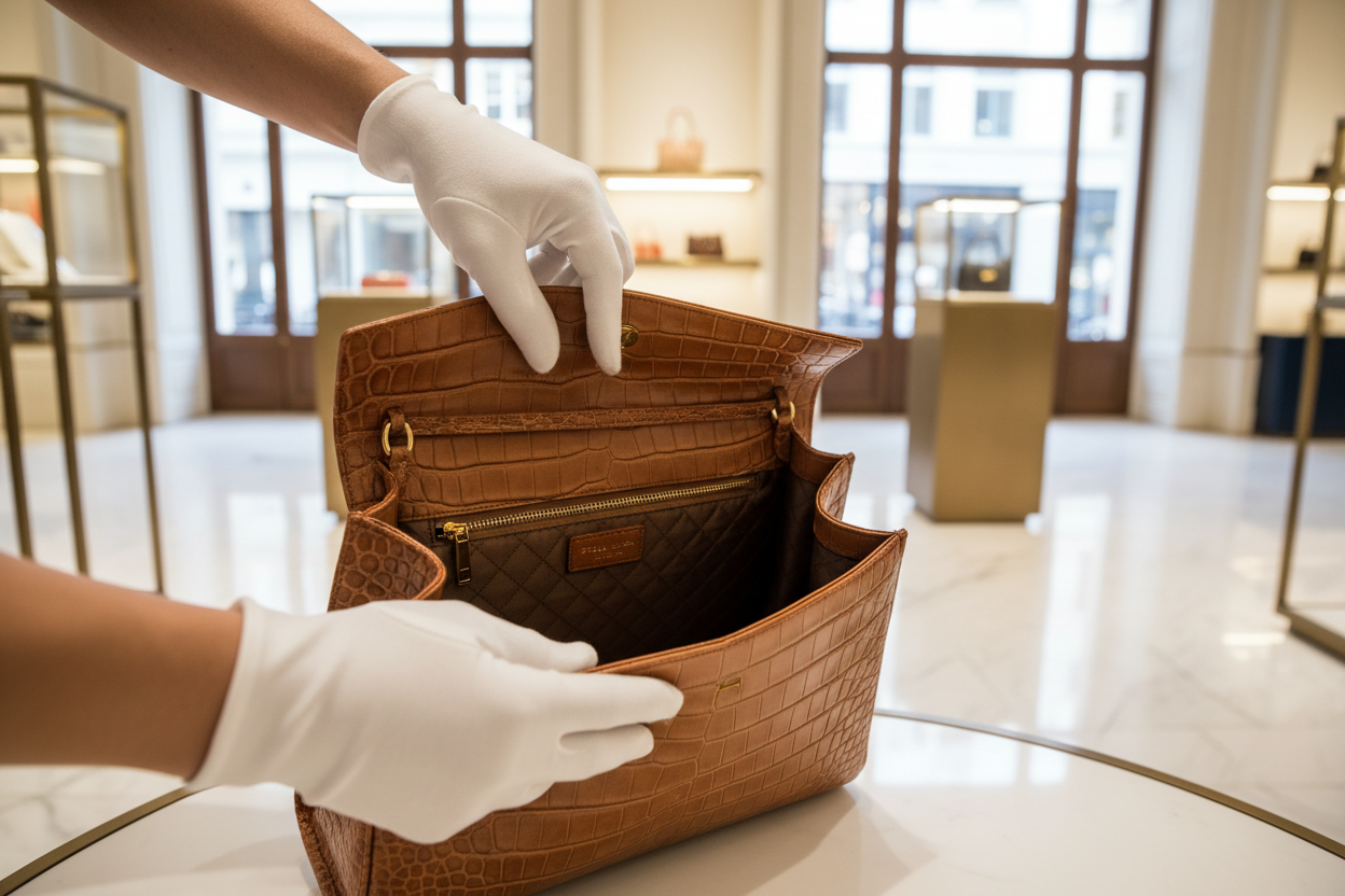 render an image of a designer bag being inspected on the inside by hands in white gloves, in a luxurious fashion store